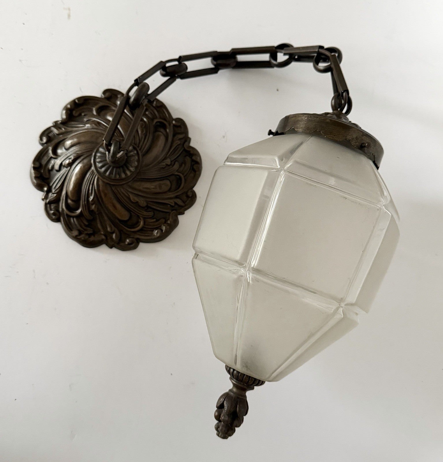Antique French Frosted Faceted Glass Lantern Ceiling Light Chain & Rose Wired9