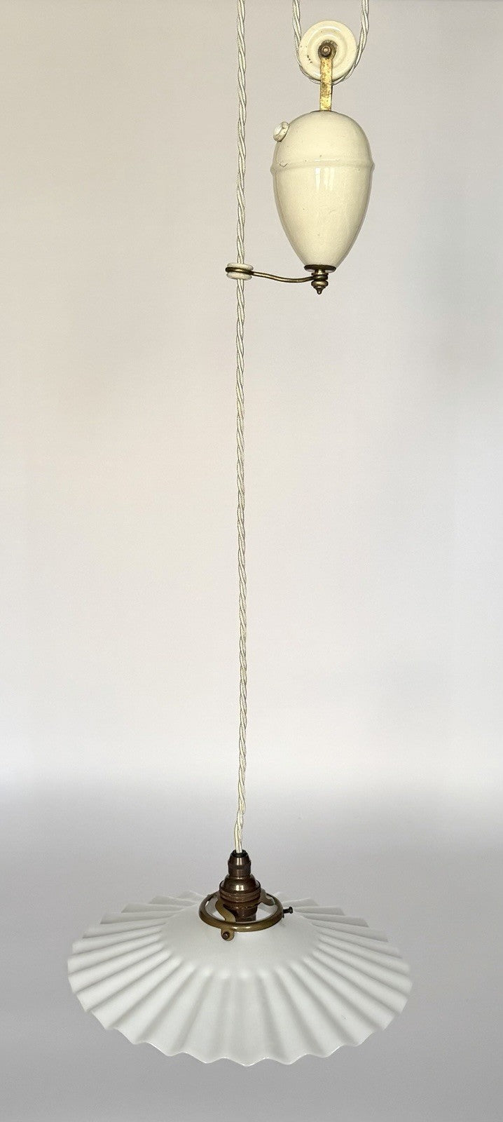 Vintage original French rise & fall ceiling light pleated opaline glass shade S5