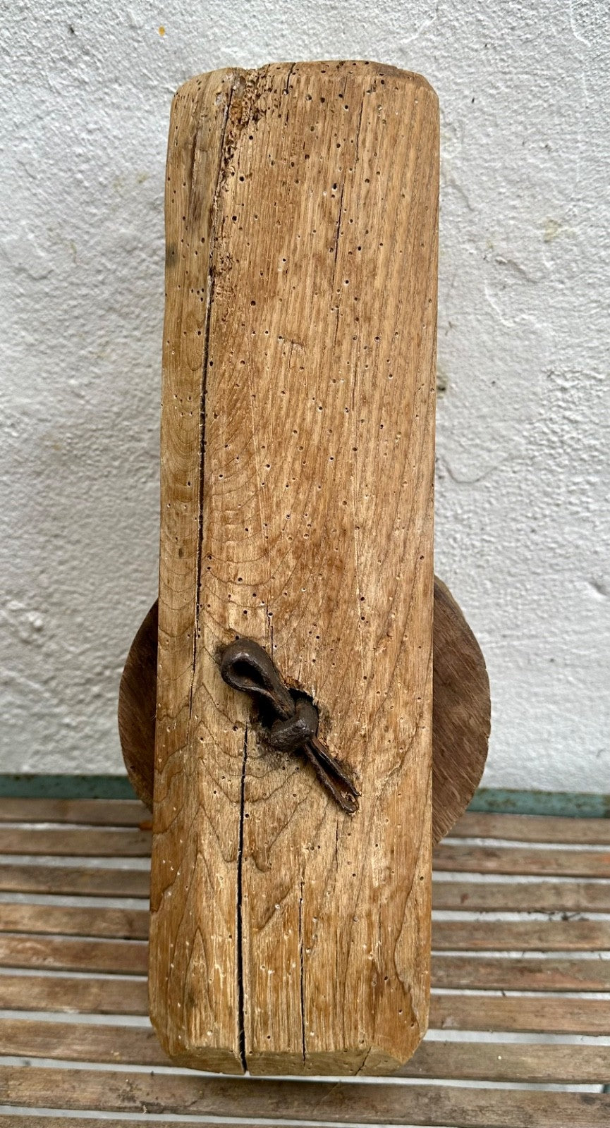 Large Antique Wooden Pulley & Block Oak Forged Iron French Barn Ship Folk Art1