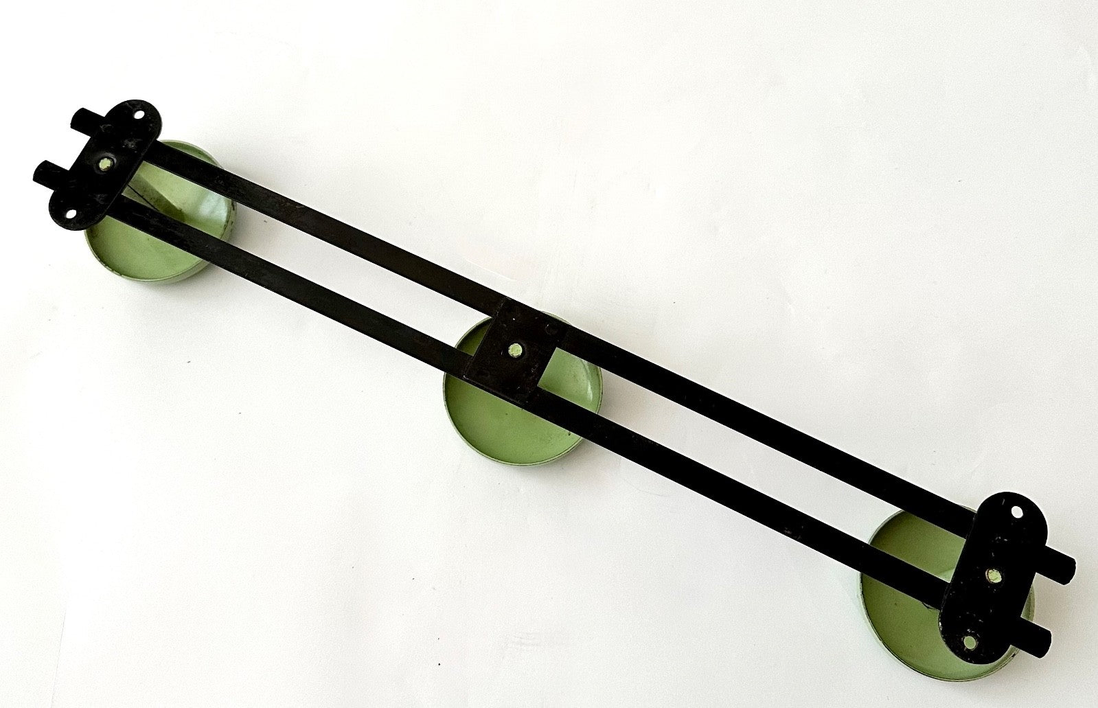 Row vintage French coat hooks pegs 43cm round green midcentury 50s 60s retro4