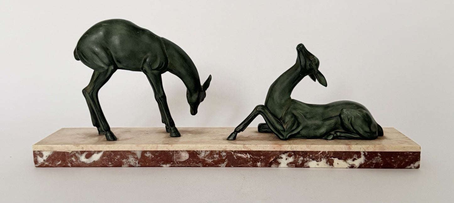 Original French Art Deco Gazelle Mantelpiece Sculpture Spelter Marble 1930s6