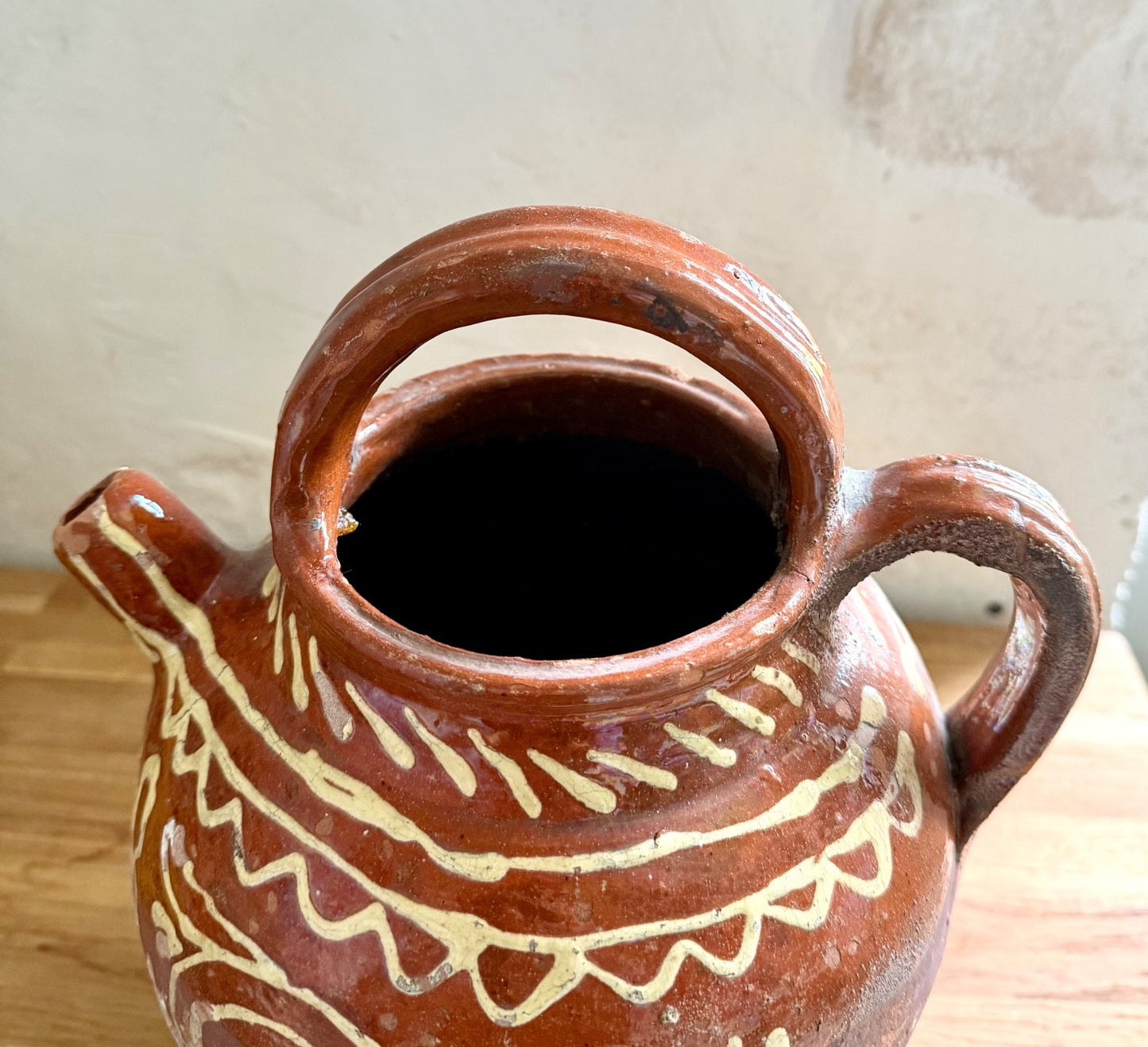 Antique French Saône terracotta gargoulette jug pitcher decorated slipware 19thC6