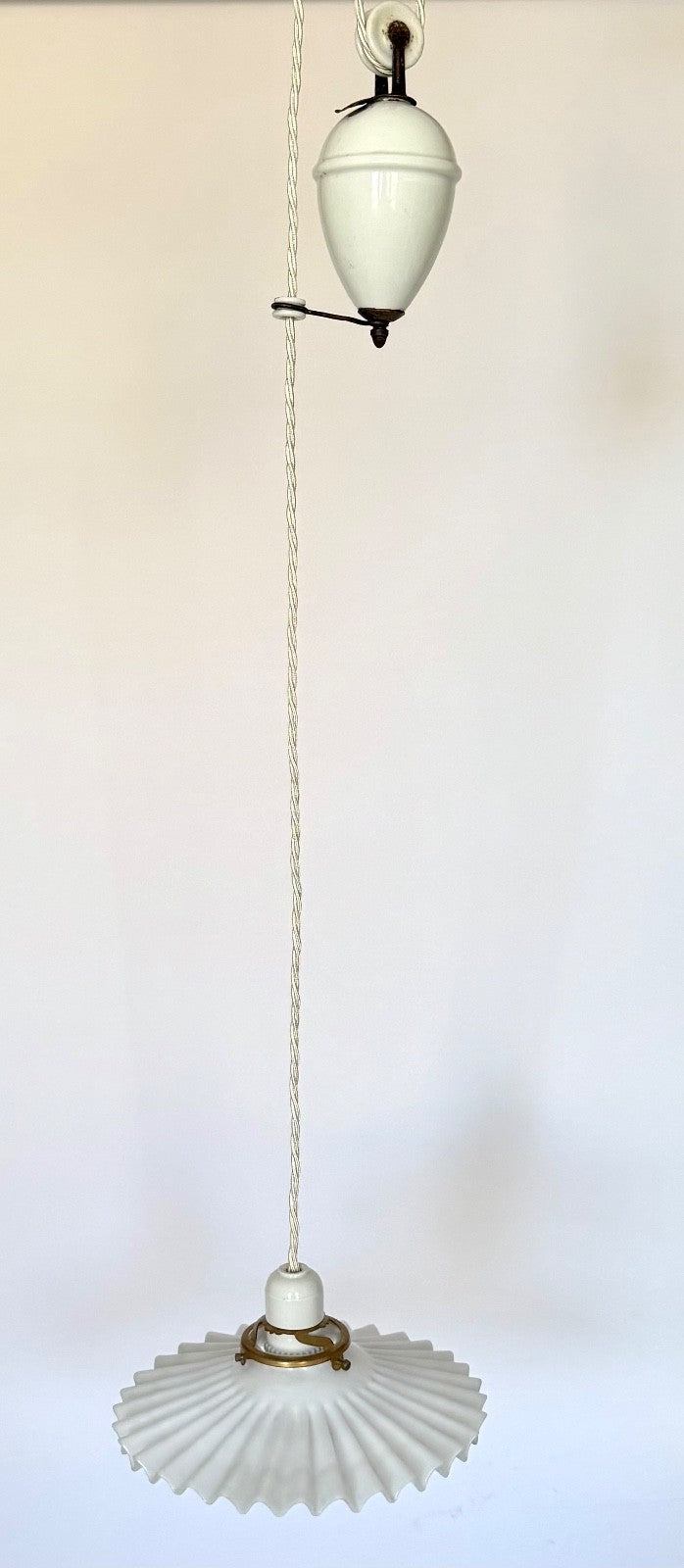 Vintage original French rise & fall ceiling light pleated opaline glass shade S3