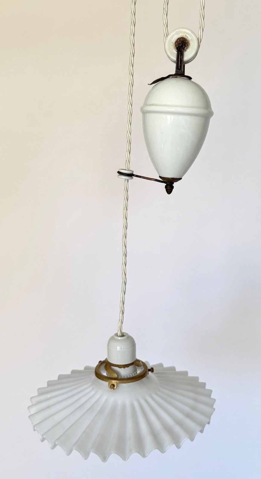 Vintage original French rise & fall ceiling light pleated opaline glass shade S2