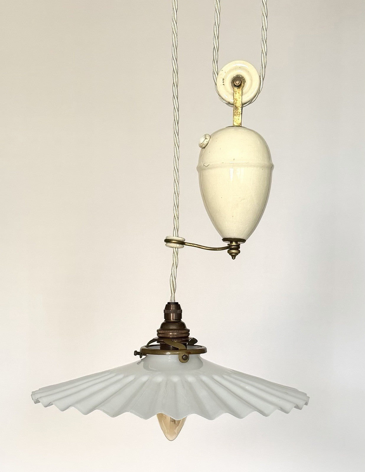 Vintage original French rise & fall ceiling light pleated opaline glass shade S0