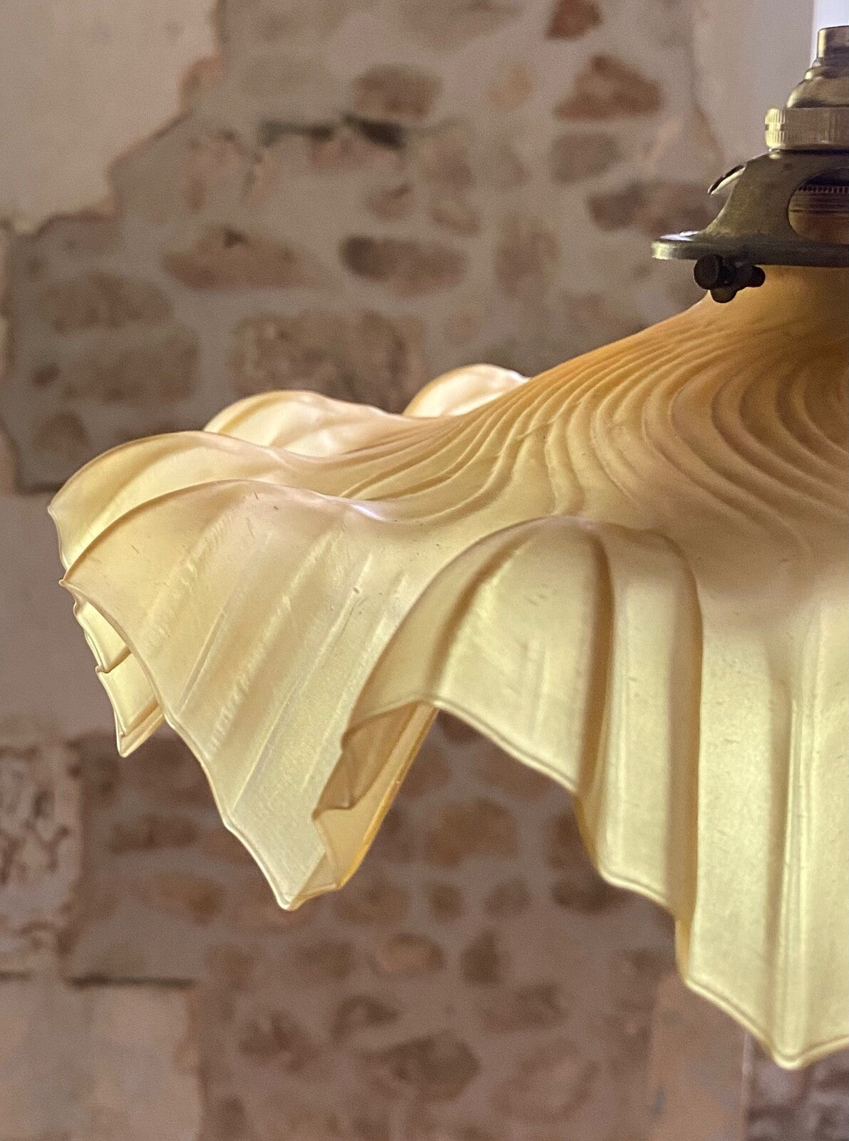 Vintage French frosted glass frilly coolie light shade gold + brass fittings3