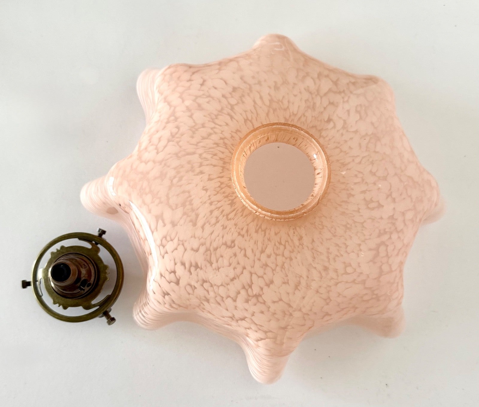Vintage French marbled glass ceiling light shade pink tablecloth brass fittings4