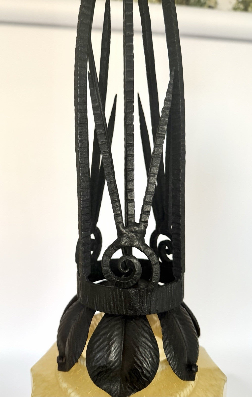 French Art Deco Skyscraper Marbled Stepped Glass & Iron Pendant Ceiling Light6