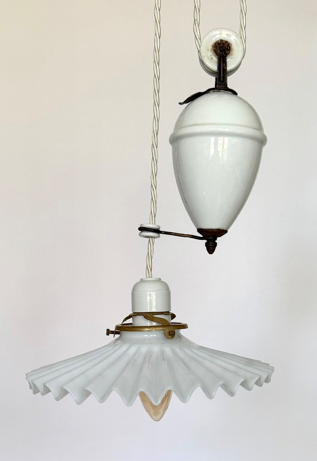 Vintage original French rise & fall ceiling light pleated opaline glass shade S1
