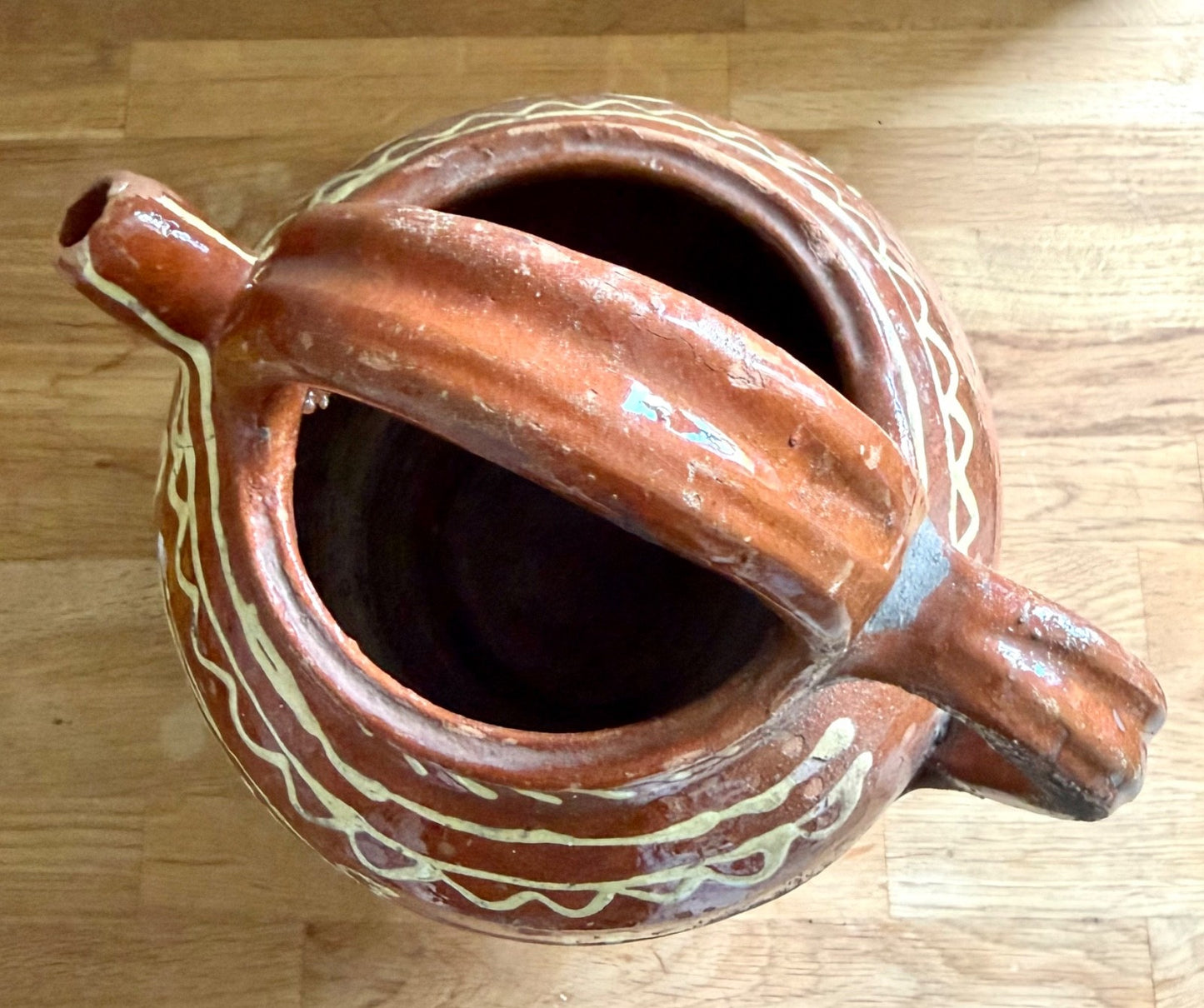 Antique French Saône terracotta gargoulette jug pitcher decorated slipware 19thC7