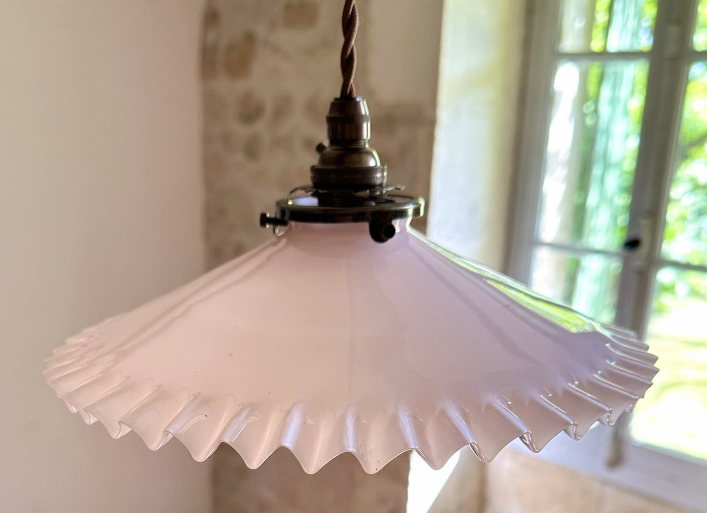 Vintage French opaline glass coolie pink piecrust ceiling light shade & fittings3
