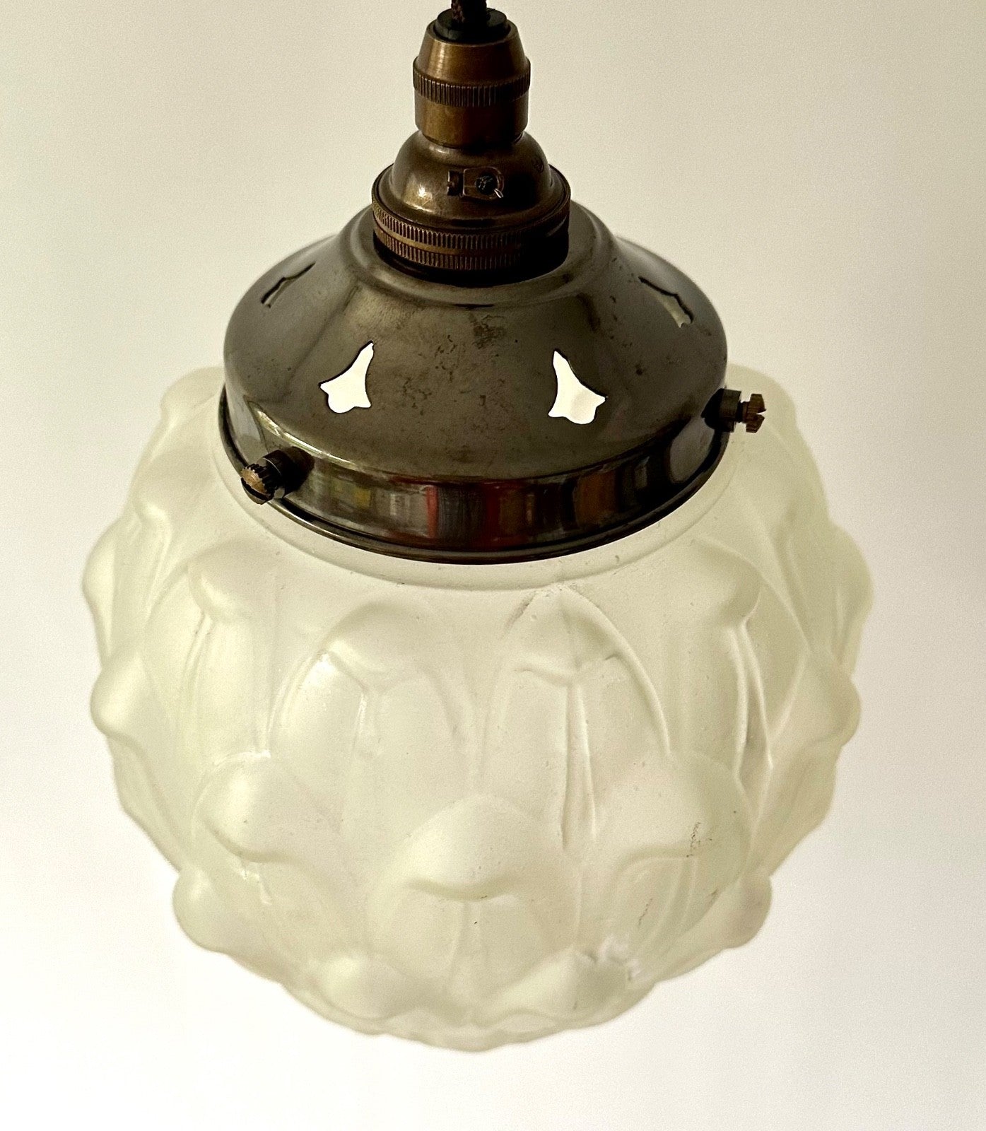 Vintage original French glass ceiling light shade sculpted globe + fittings 30s2