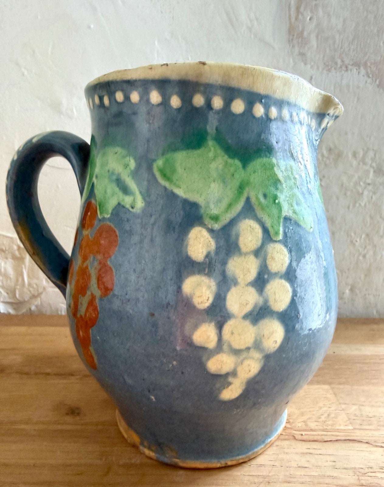 Large Antique 19th C French Jug Alsace Savoie Terracotta Pitcher Blue Decorated3