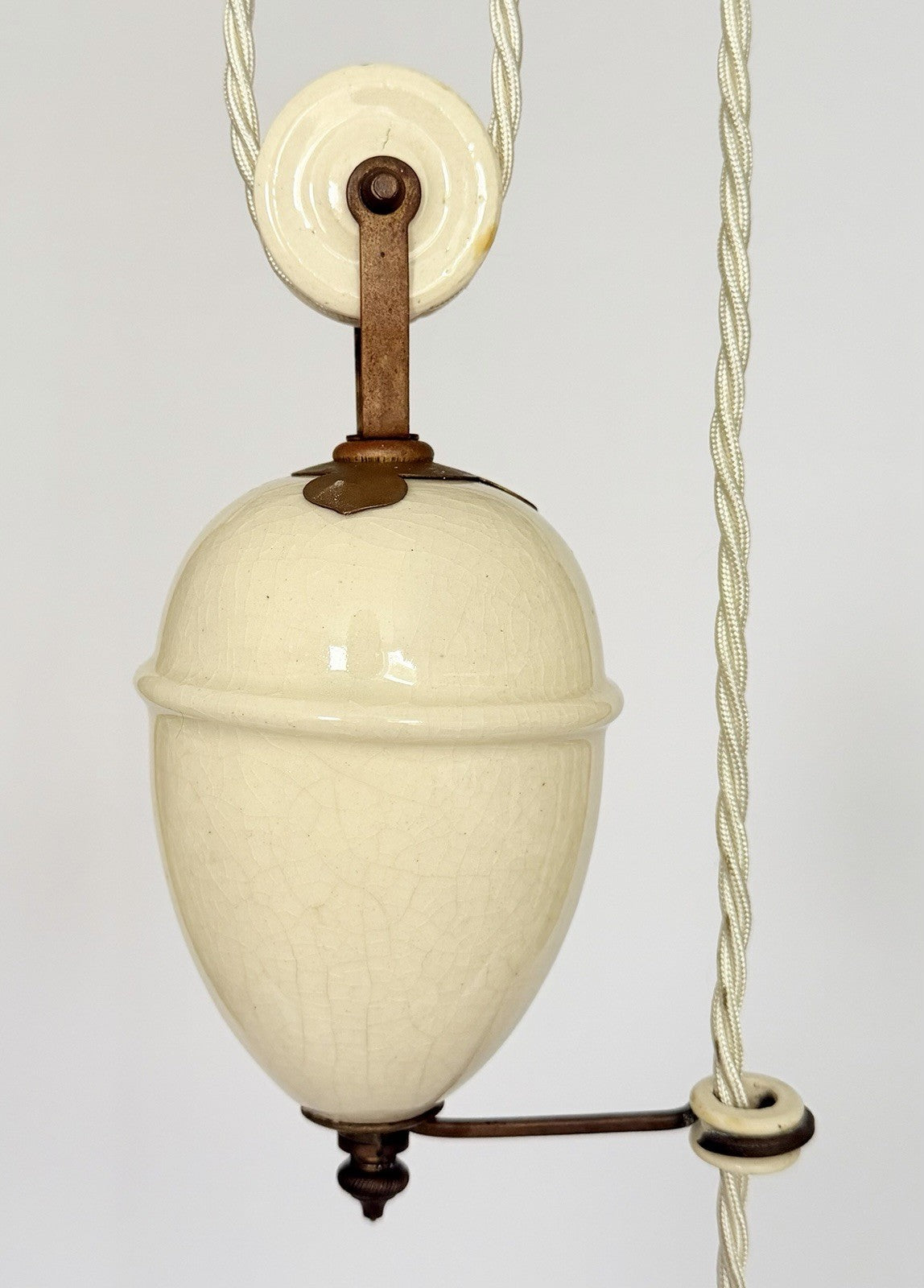 Antique original French rise & fall ceiling light pleated opaline glass shade Z3