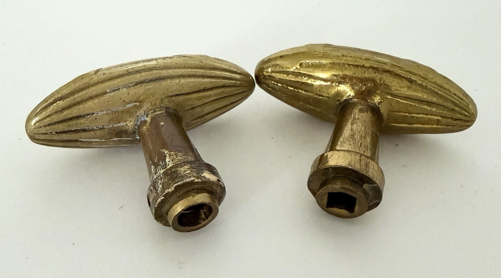 Pair Antique French Brass Knobs Handles Pulls Cabinet Reed & Ribbon 18th C2