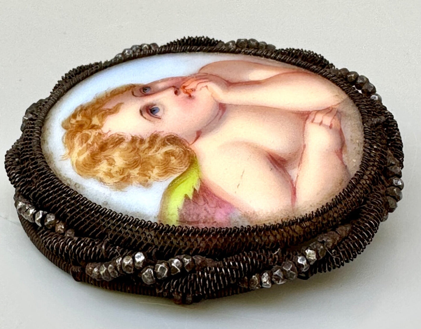 Antique Silesian wirework brooch handpainted cherub putti ceramic porcelain1
