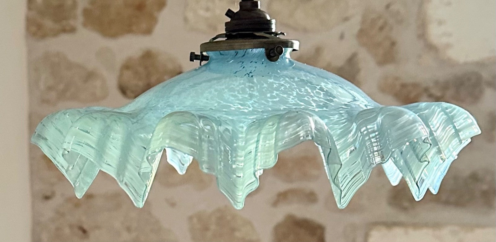Vintage French marbled glass frilly coolie light shade blue + brass fittings1