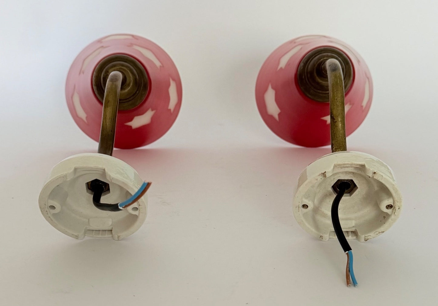 Pair vintage red glass wall lights brass stars ceramic rewired 1950s sconces4