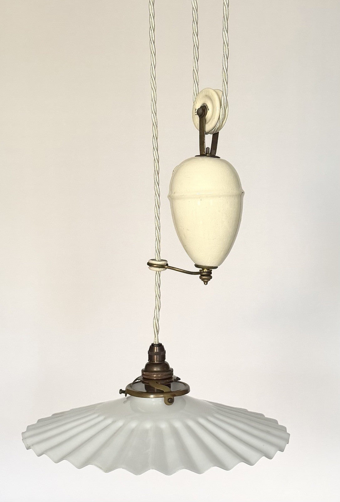 Vintage original French rise & fall ceiling light pleated opaline glass shade S4