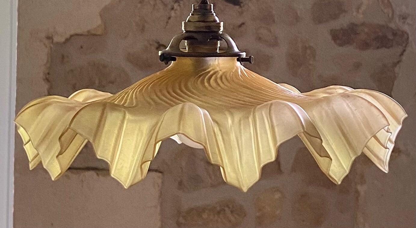 Vintage French frosted glass frilly coolie light shade gold + brass fittings0