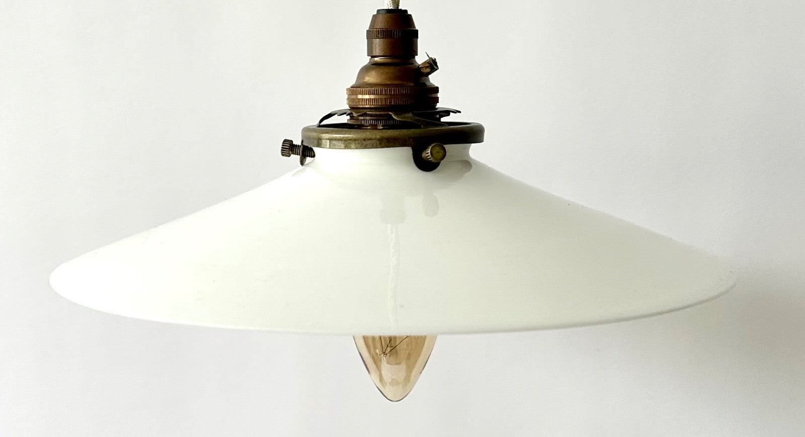 Smaller vintage French opaline glass coolie light shade ceiling + fittings 22cm3