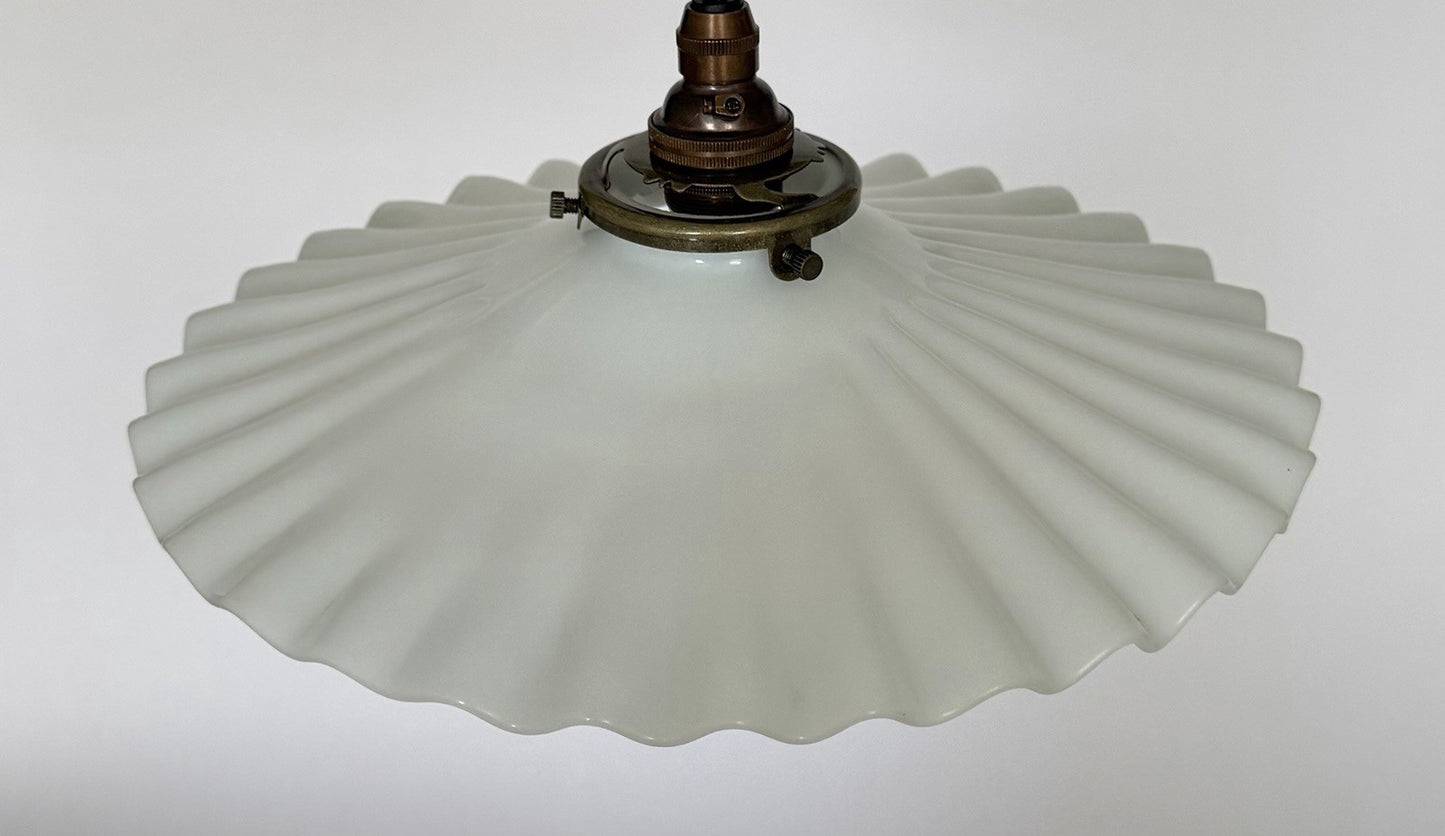 Vintage original French opaline milk glass pleated coolie light shade + fittings2