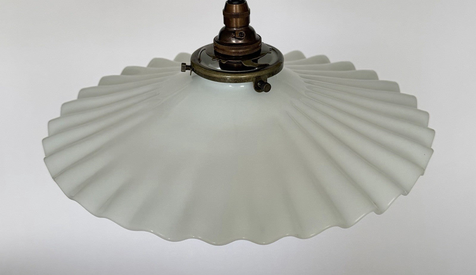 Vintage original French opaline milk glass pleated coolie light shade + fittings2