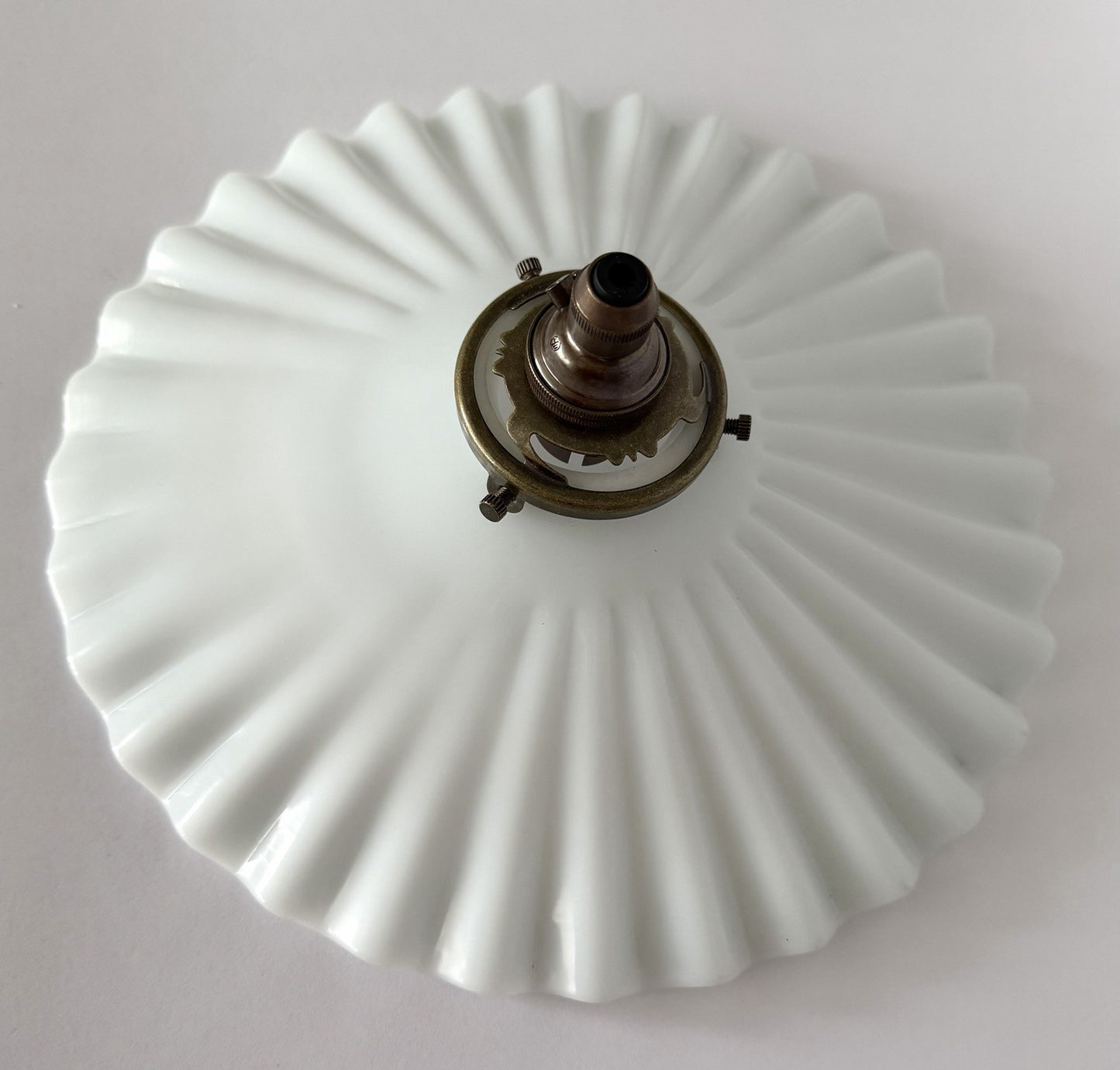 Vintage original French opaline milk glass pleated coolie light shade + fittings5