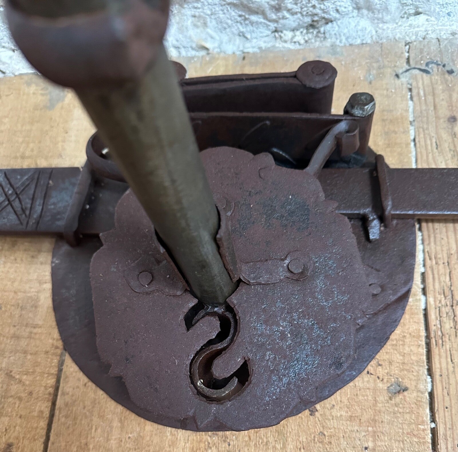 Huge antique French lock & key chateau hand forged wrought iron wishbone 18thC4