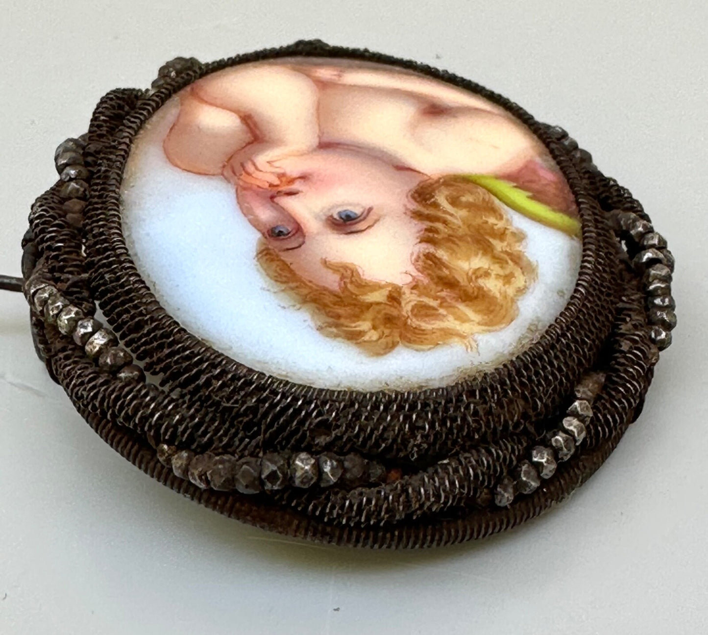 Antique Silesian wirework brooch handpainted cherub putti ceramic porcelain6
