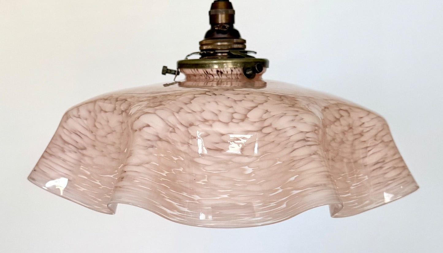 Vintage French marbled glass ceiling light shade pink tablecloth brass fittings0