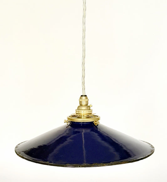Vintage French blue enamel metal coolie ceiling light with ivory twist flex B0