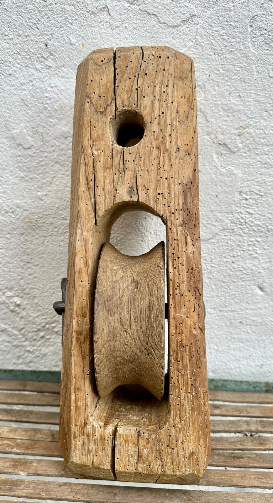 Large Antique Wooden Pulley & Block Oak Forged Iron French Barn Ship Folk Art2