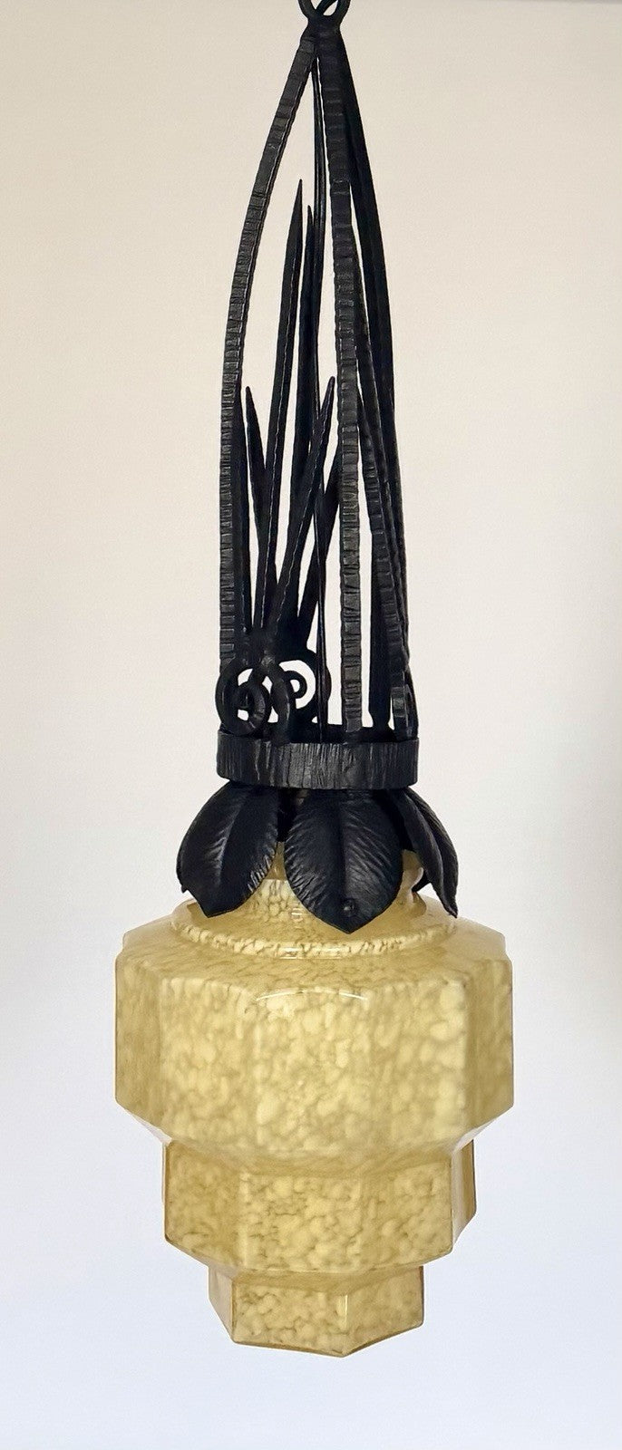 French Art Deco Skyscraper Marbled Stepped Glass & Iron Pendant Ceiling Light1