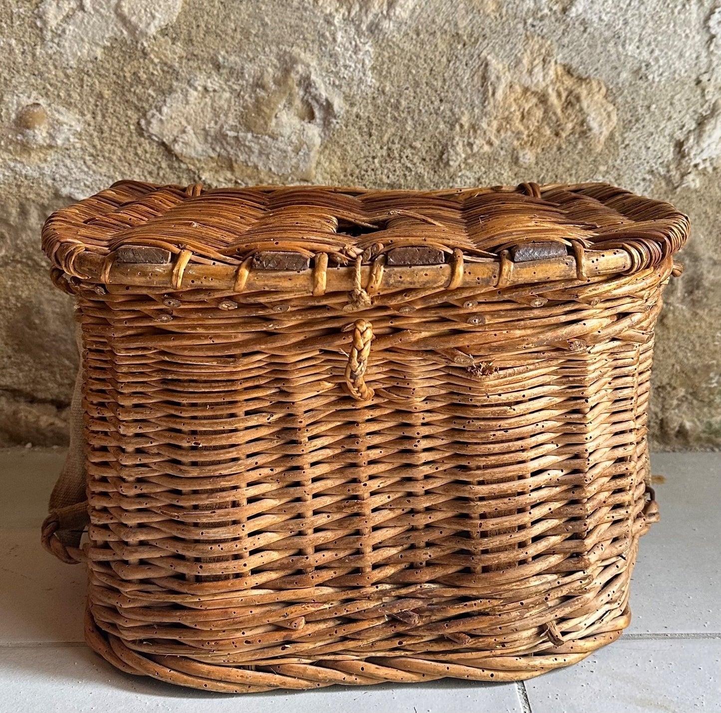 Large Antique French Wicker + Wood Fishing Creel Anglers Kitchen Basket 42cm0
