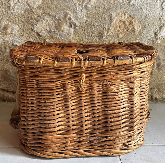 Large Antique French Wicker + Wood Fishing Creel Anglers Kitchen Basket 42cm0