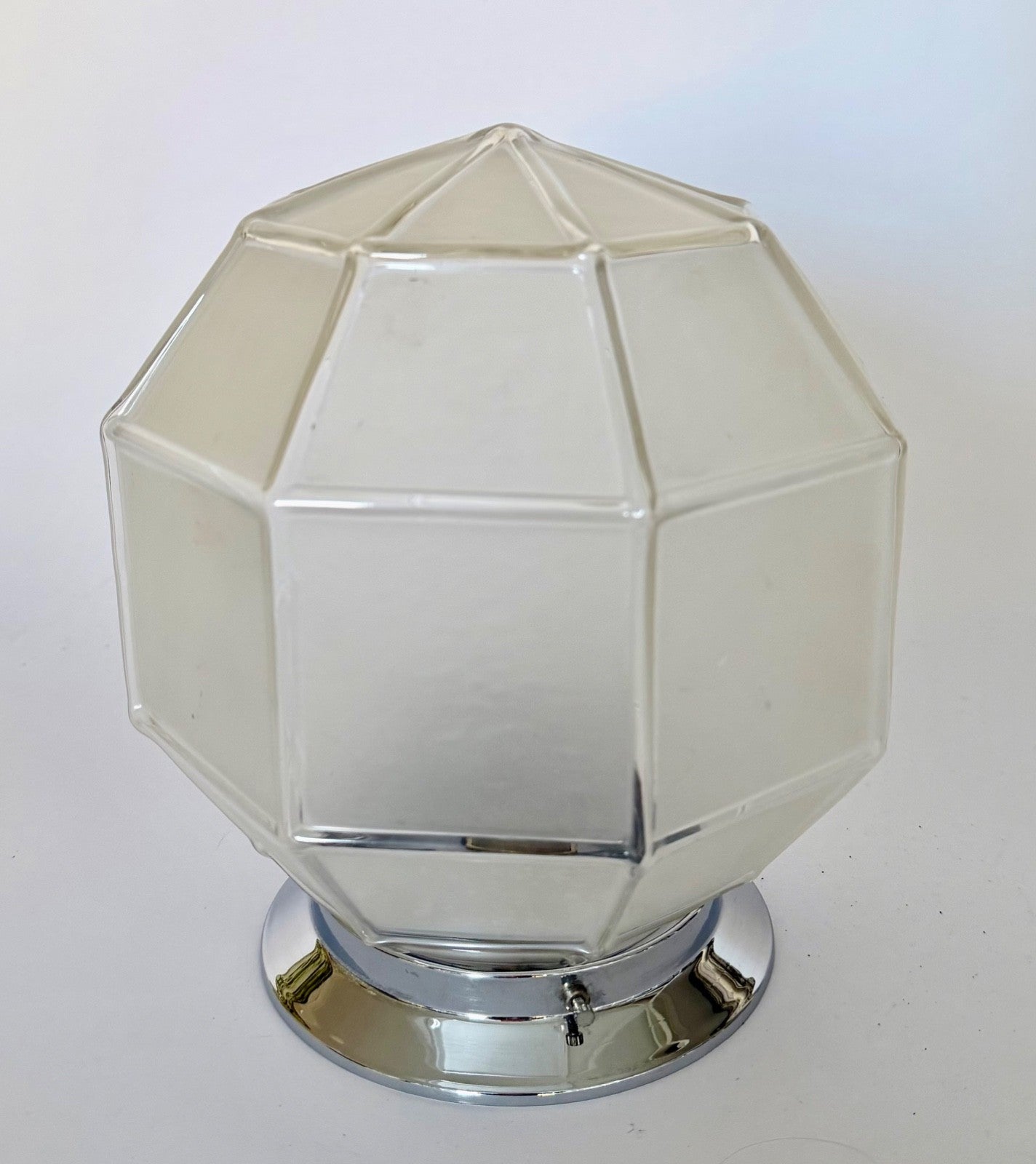 Vintage French Deco globe ceiling light faceted frosted glass chrome fittings0
