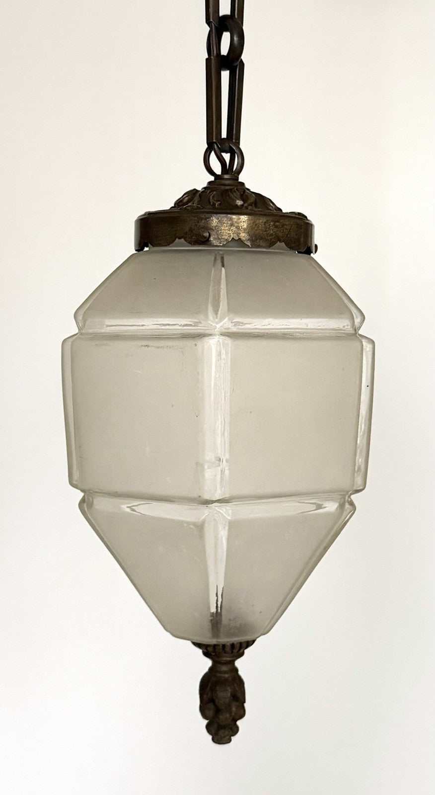 Antique French Frosted Faceted Glass Lantern Ceiling Light Chain & Rose Wired2