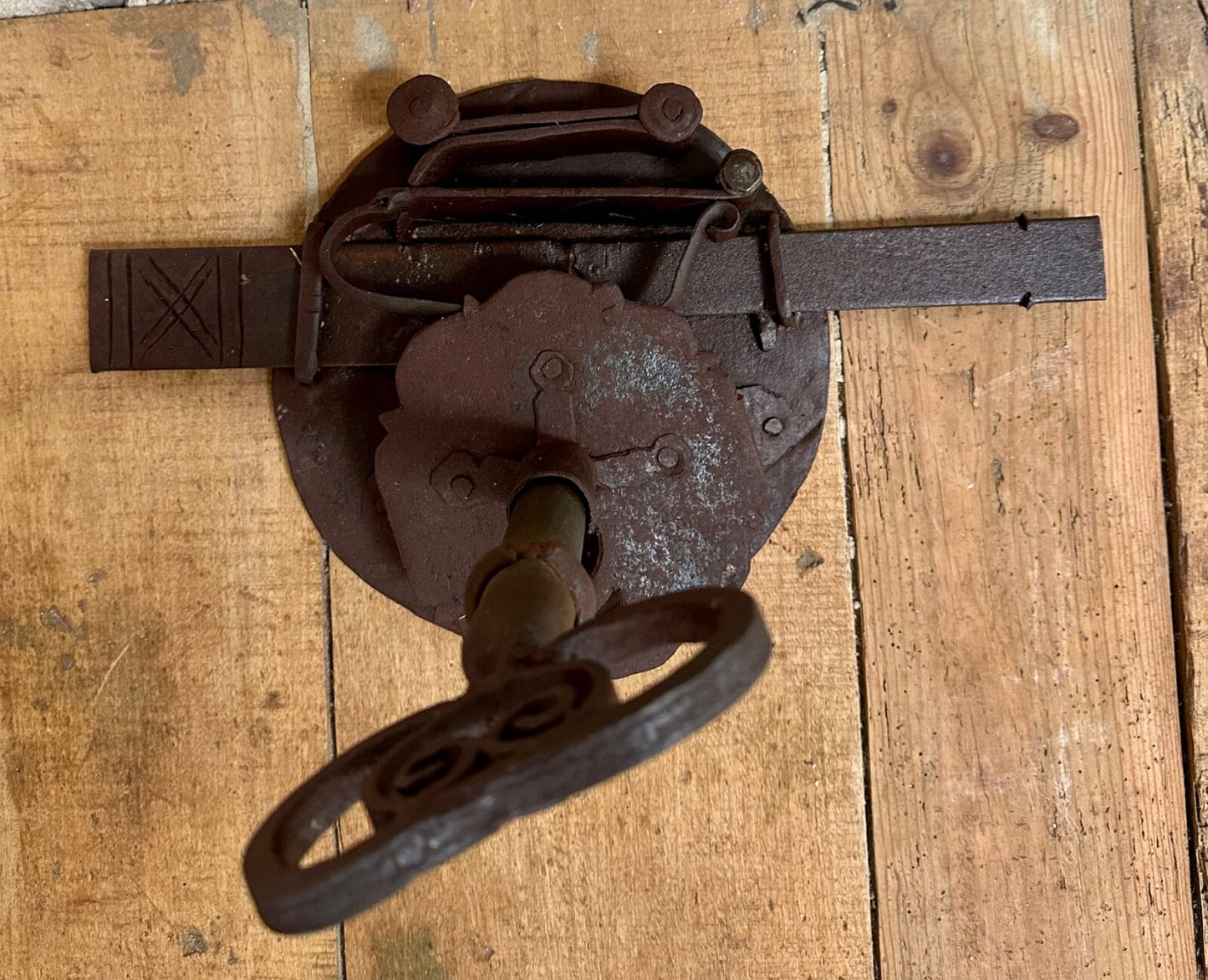 Huge antique French lock & key chateau hand forged wrought iron wishbone 18thC2