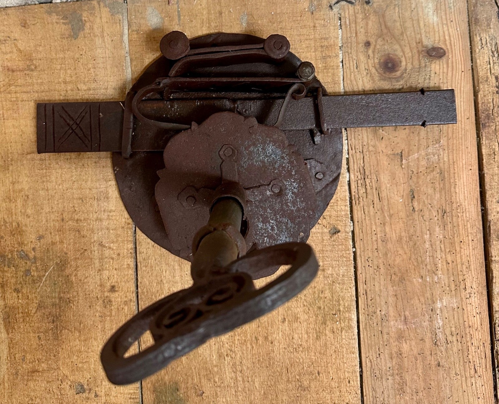 Huge antique French lock & key chateau hand forged wrought iron wishbone 18thC2