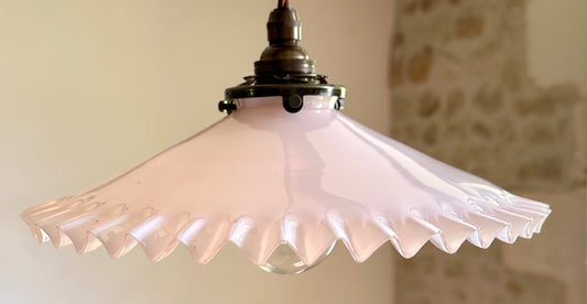 Vintage French opaline glass coolie pink piecrust ceiling light shade & fittings0