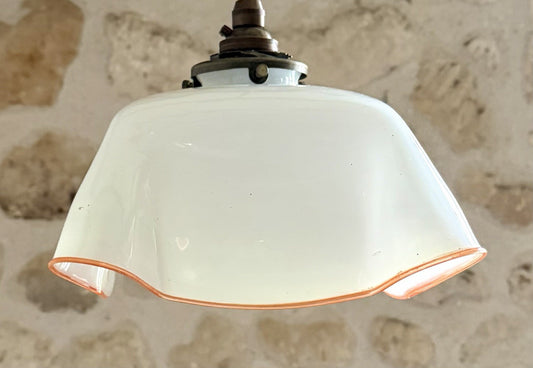 Vintage French opaline glass square ceiling light shade orange trim + fittings0