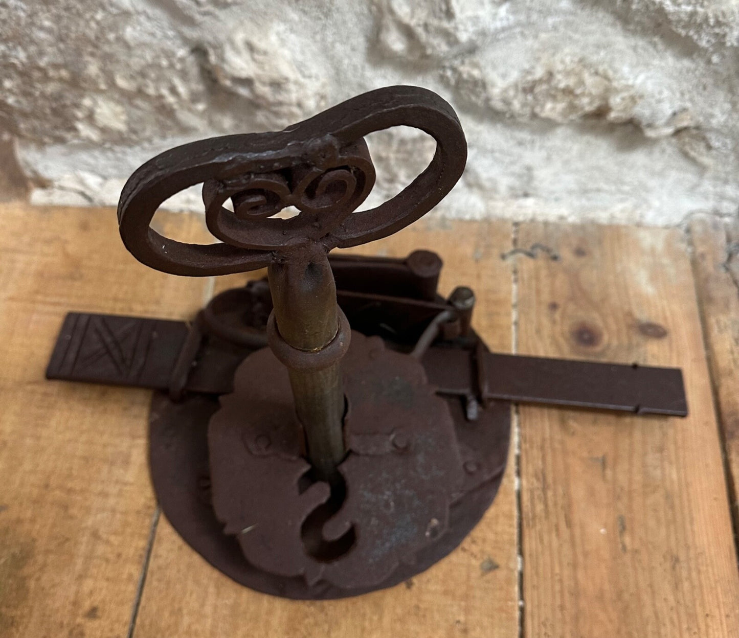Huge antique French lock & key chateau hand forged wrought iron wishbone 18thC1