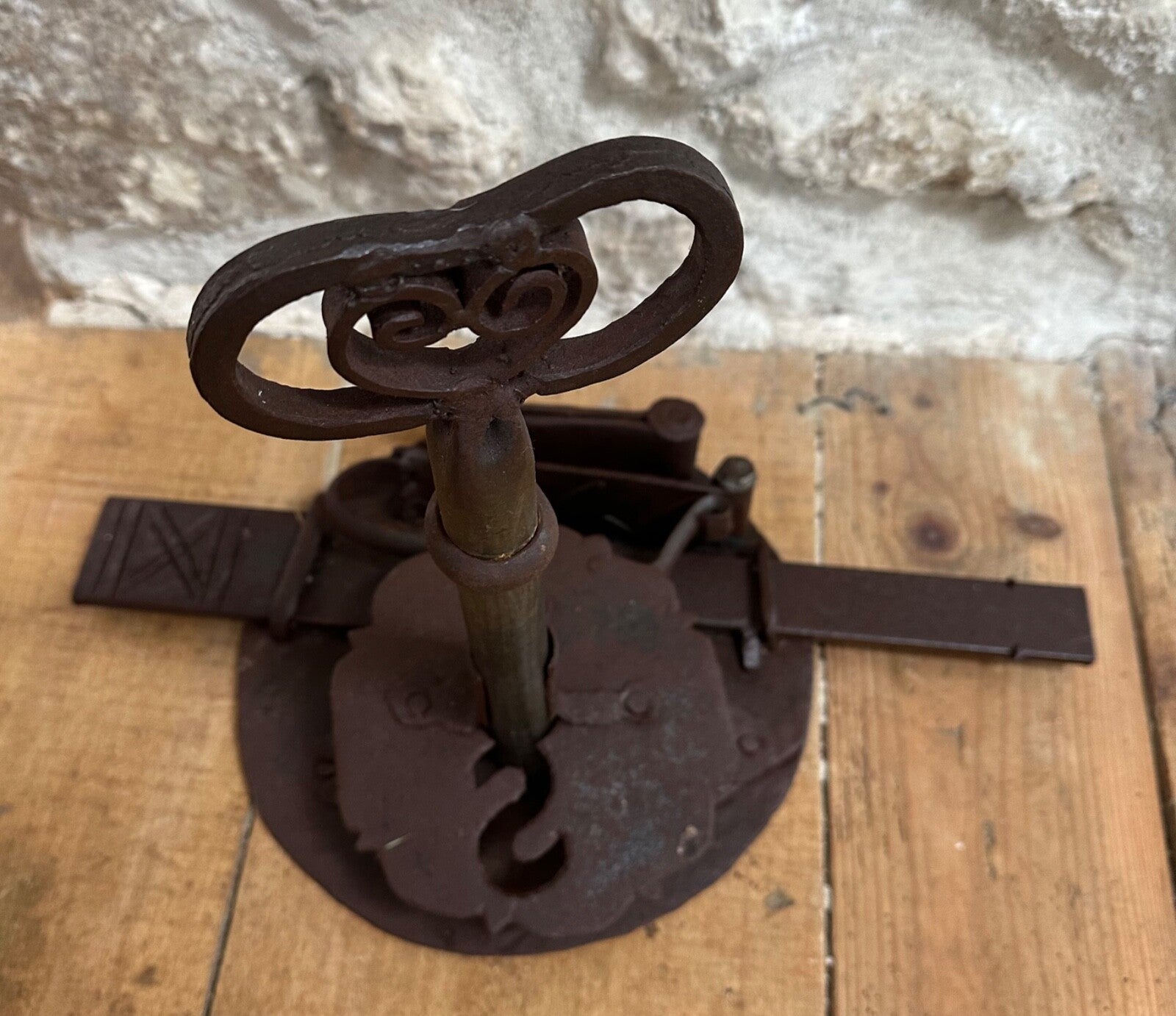 Huge antique French lock & key chateau hand forged wrought iron wishbone 18thC1