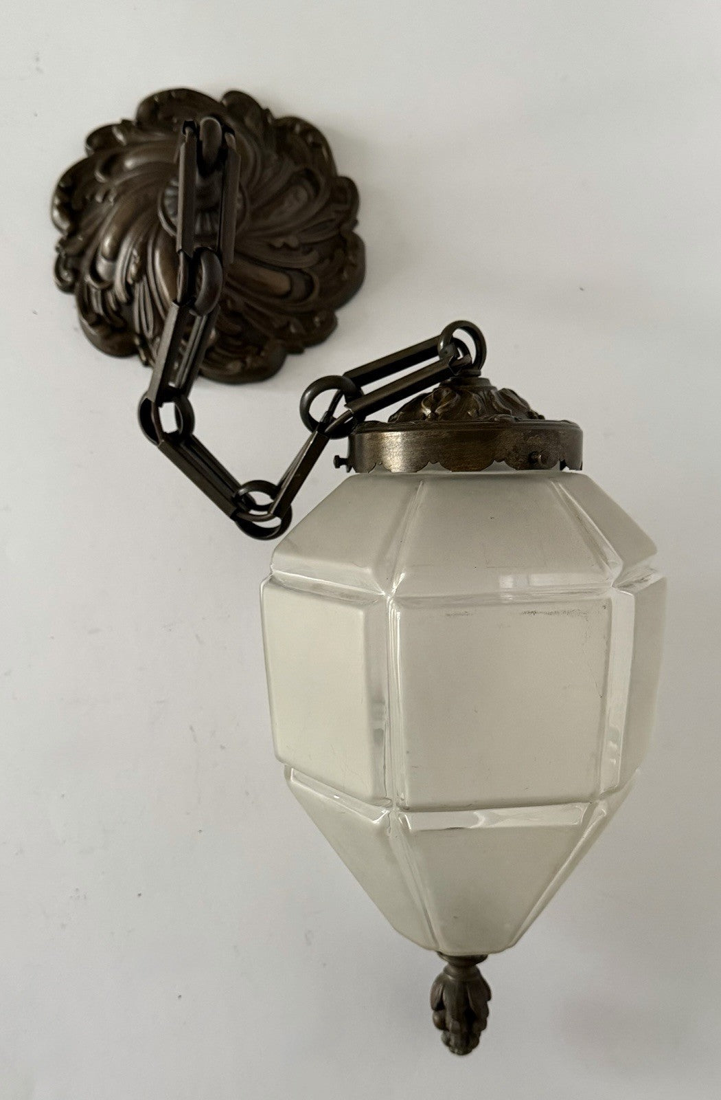 Antique French Frosted Faceted Glass Lantern Ceiling Light Chain & Rose Wired6