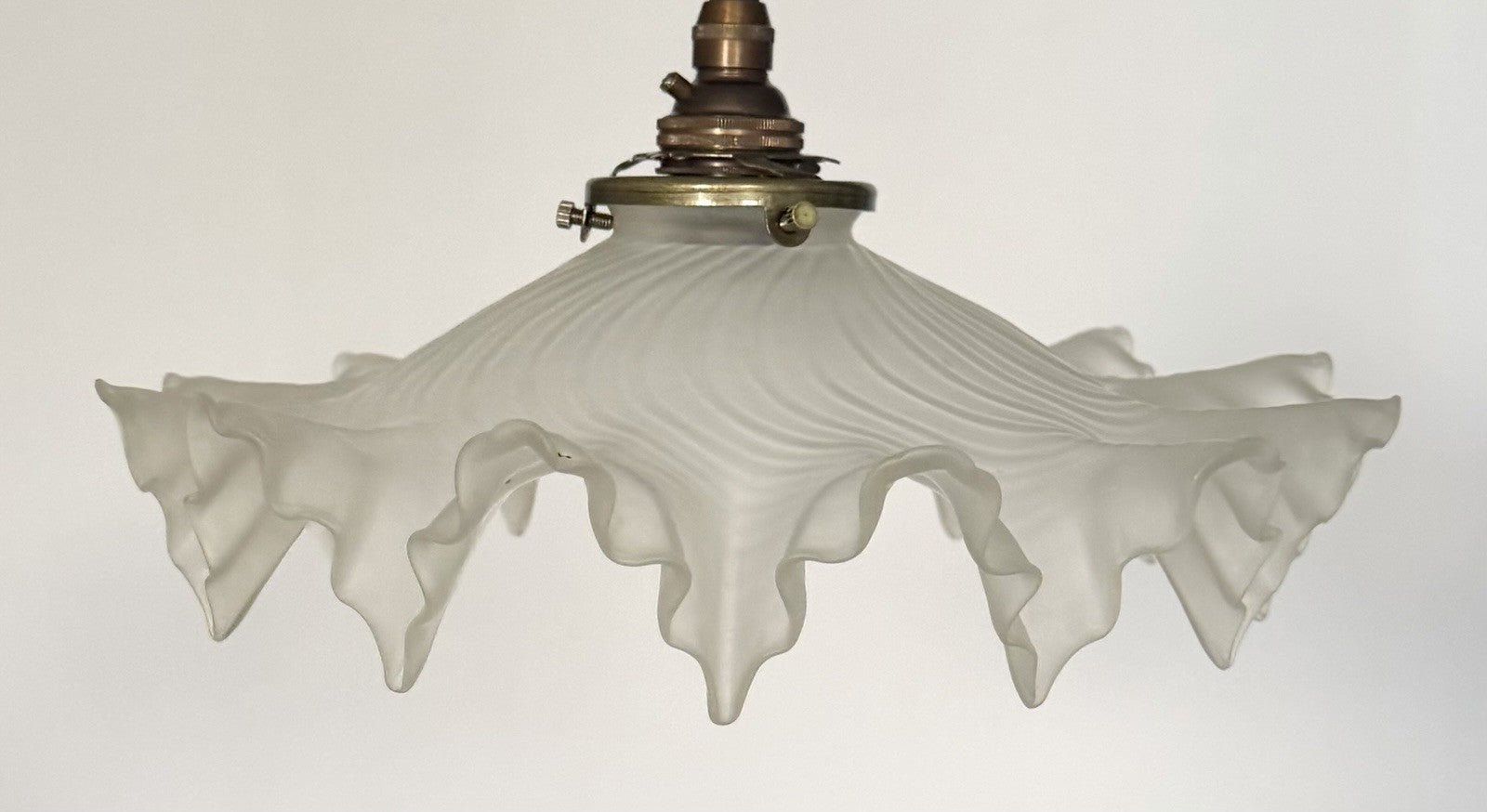 Vintage French frosted glass frilly coolie light shade & brass fittings0