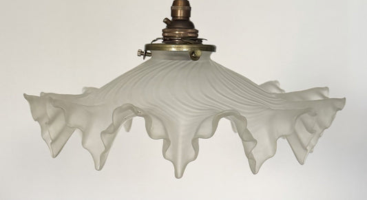 Vintage French frosted glass frilly coolie light shade & brass fittings0