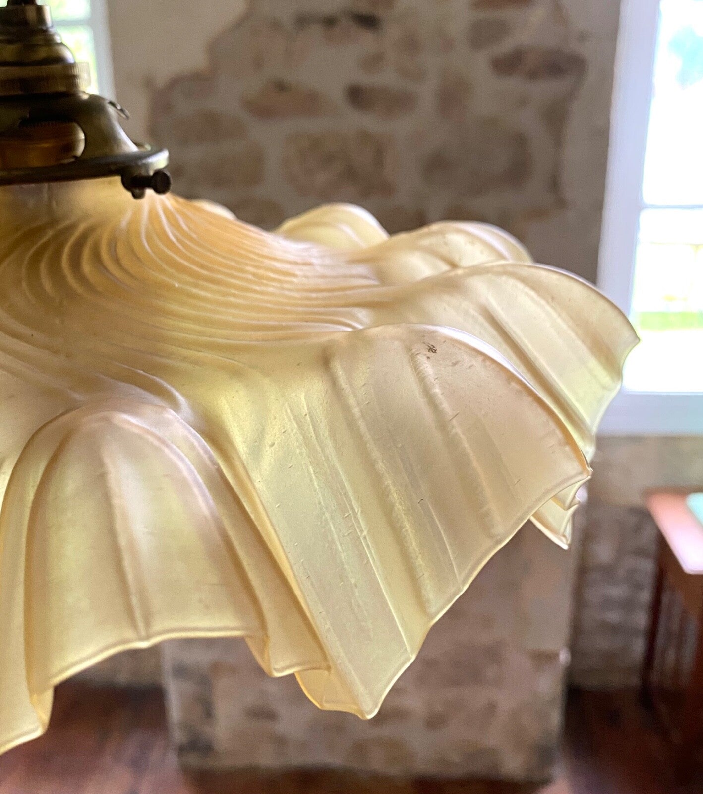 Vintage French frosted glass frilly coolie light shade gold + brass fittings2