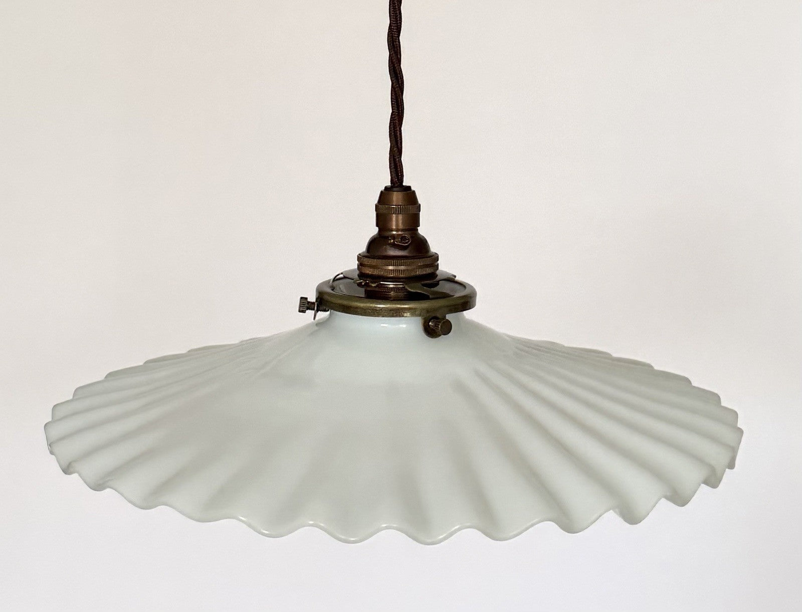 Vintage original French opaline milk glass pleated coolie light shade + fittings1