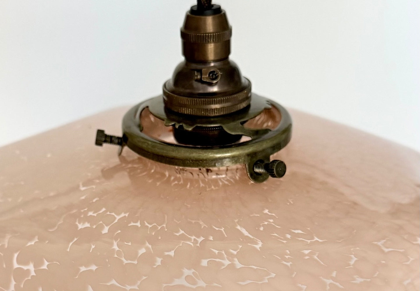 Vintage French marbled glass ceiling light shade pink tablecloth brass fittings3
